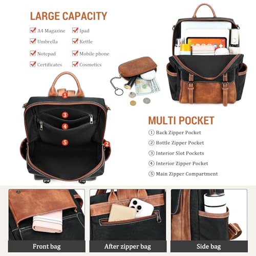 AGLOD Backpack Purse for Women PU Leather Back Packs Designer Ladies Shoulder Bag Fashion Faux Work Travel Handbags - color: Black-brown