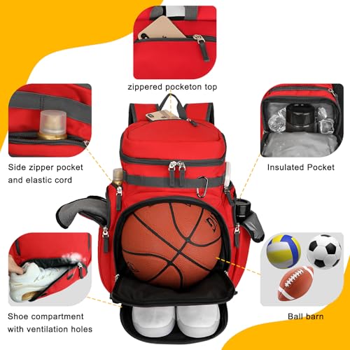 Goloni Basketball Backpack,Large Sports Bag with Ball Compartment & Shoe Compartment, Best for Basketball, Soccer - color: Red