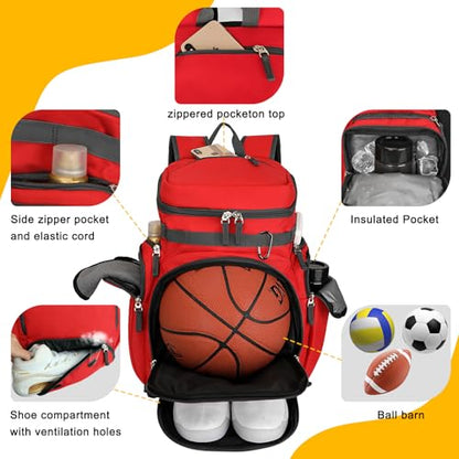 Goloni Basketball Backpack,Large Sports Bag with Ball Compartment & Shoe Compartment, Best for Basketball, Soccer - color: Red