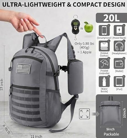 Small 20L Foldable Hiking Daypack for Men Women – Ultra Lightweight Tactical Packable Backpack for Travel, Camping Outdoor, Grey - color: Grey