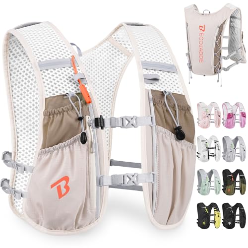 BECOJADDE Running Vest Hydration Backpack for Men Women, 5L Lightweight Running Backpack Hydration Pack for Marathon, Trail, Cycling, Hiking, Jogging - color: Khaki, size: Only 5l Running Vest