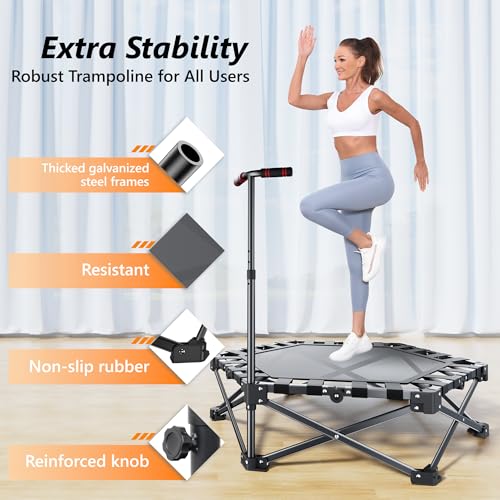RYGEO Mini Fitness Trampoline with Adjustable Handle Bar, Black, Indoor Exercise Rebounder for Kids, Foldable Frame