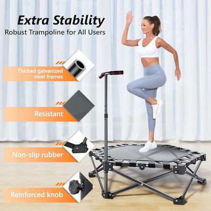 RYGEO Mini Fitness Trampoline with Adjustable Handle Bar, Black, Indoor Exercise Rebounder for Kids, Foldable Frame