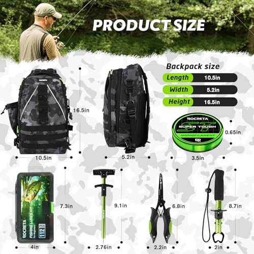 Fishing Backpack with Tackle Boxes,Fishing Lure Kit and Tool | Waterproof Fishing Tackle Bag With Rod Holder, Sling Backpack wtih Fishing Gear, Fishing Gifts for Men Woman Anglers - color: Camouflage Fishing Backpack Set