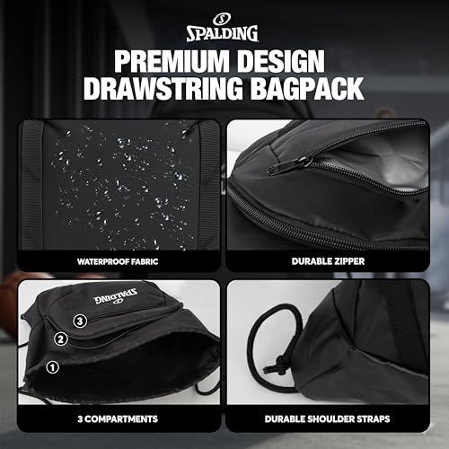 Spalding Basketball Sackpack Drawstring Sports Bag, Large Black Backpack fits Ball and Gym Sports Equipment, Gift for Basketball Players - style: 1 Pack