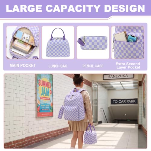 LEDAOU Kids Backpack for Girls Backpacks with Lunch Box, Lightweight Bookbag Set Elementary Middle School Back pack for 8-14 - color: Purple Checkered