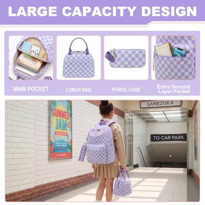 LEDAOU Kids Backpack for Girls Backpacks with Lunch Box, Lightweight Bookbag Set Elementary Middle School Back pack for 8-14 - color: Purple Checkered