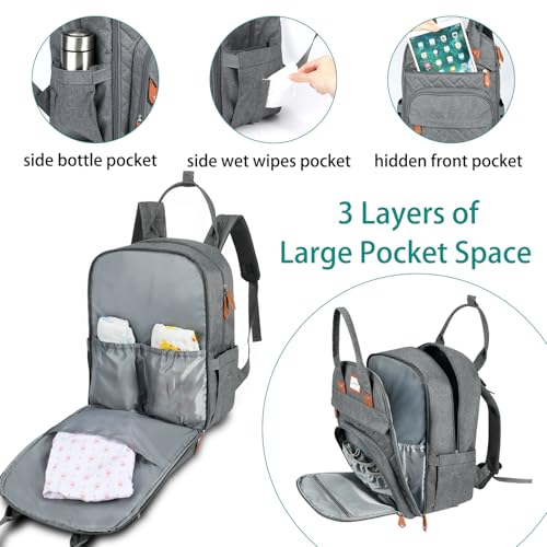 LANDICI Diaper Bag Backpack, Multifunction Baby Diaper Bags with Changing Pad, Stroller Straps & Pacifier Case, Travel Essentials Back Pack for Mom Dad Boy Girl, Large Capacity, Waterproof, Grey - color: Grey