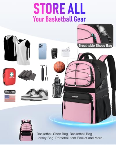 LOINTET Basketball Bag Backpack with Ball Holder Shoes Compartment, Large Basketball Accessories Sports Bag - color: Pink