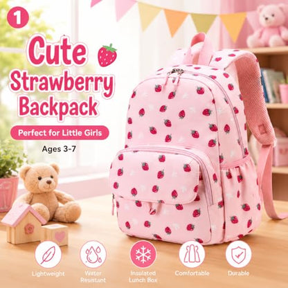 BTOOP Kids Backpack, Girls Backpack 4-6-Preschool Kindergarten School Bookbag with Insulated Lunch Compartment & Chest Strap, Pink-Strawberry Backpacks - color: Pink-strawberry, size: Age 3-6 (14.5" H Fit Folder)