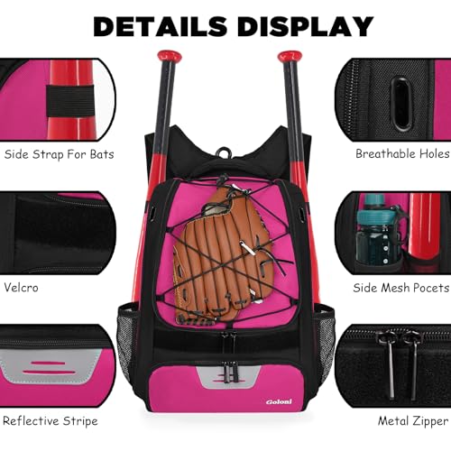 Goloni | Baseball Backpack,Baseball Bag for Adult,Softball Bat Bag with Shoes Compartment,Large Main Compartment for Helmet & accessories, Fence Hook - color: Rose