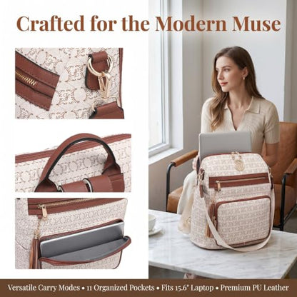 Women's Convertible Backpack Purse, Large Leather Travel Backpack 2PC Set - color: Beige