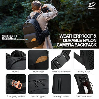 Padwa Lifestyle Black Professional Camera Backpack - Large Capacity Nylon Photography Camera Bag with Thick Padded Comfort Strap and Wide Waist, Versatile Photographer,Multi Cameras,Lensas,a Laptop - color: Black