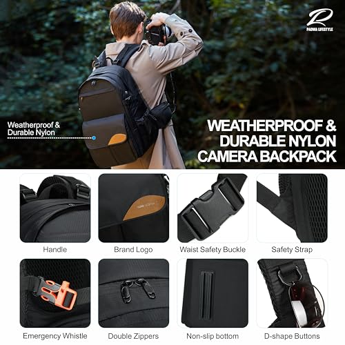 Padwa Lifestyle Black Professional Camera Backpack - Large Capacity Nylon Photography Camera Bag with Thick Padded Comfort Strap and Wide Waist, Versatile Photographer,Multi Cameras,Lensas,a Laptop - color: Black