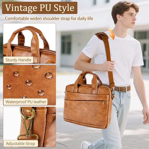Faux Leather Messenger Bag for Men 17.3 Inch: Laptop Bag Briefcase Computer Handbags Shoulder Crossbody Bag with Padded Laptop Sleeve for Work College Travel, PU Brown - color: Pu Brown
