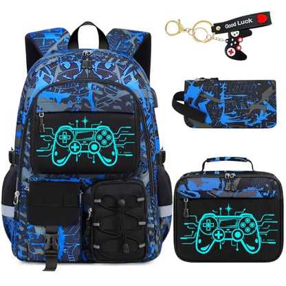School Backpack for Boys - 4pcs Gamer Boys Backpack with Lunch Box Set for Kids Teens Elementary Middle High School,18″ Large Capacity Students Bookbag with Usb Charging Port & Key-chain - color: Game002-set