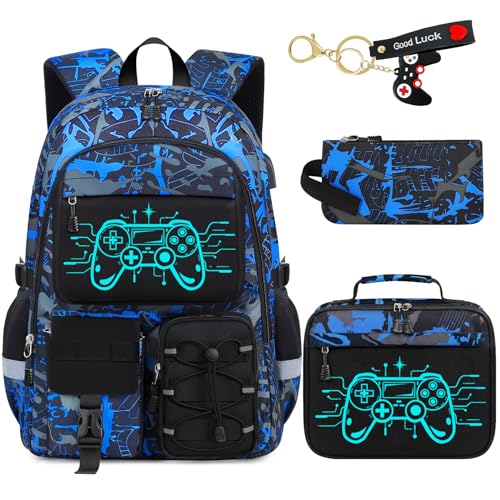 School Backpack for Boys - 4pcs Gamer Boys Backpack with Lunch Box Set for Kids Teens Elementary Middle High School,18″ Large Capacity Students Bookbag with Usb Charging Port & Key-chain - color: Game002-set