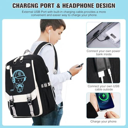 Bevalsa Backpack for Boys, Cool Luminous Boys Backpack with Sling Bag, Lunch Box & Pen Case, School Bags for Kids Children Teens Elementary Middle Schools, Bookbag Glow In The Dark (Black) - color: Black