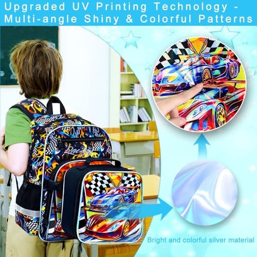 HPJGD 3PCS Bookbag for Boys, 16" Race Car Preschool Backpack Set with Clip-On Lunch Box, Kids Water-Resistant School Bag for Elementary - Thrill Racing - color: Uv Printing Race Car Clip-on Backpack