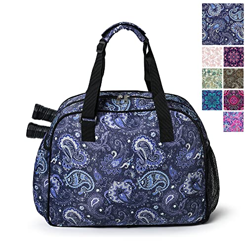 Boulder Bee Pickleball Tote Bag for Women with Paddle Holder - color: Blue cashew flower