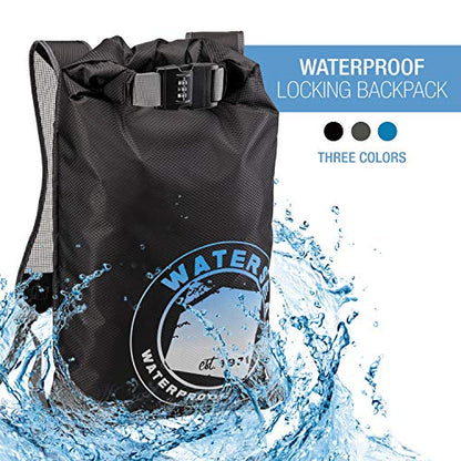 WaterSeals Locking Backpack + Waterproof Bag for Women & Men with Ripstop Material & Anti-Theft Combination Lock to Protect Wallet, iPhone or Valuables at the Beach, Pool, Skiing, or Camping, Black - color: Black