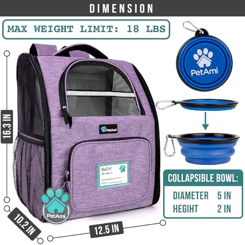 PetAmi Dog Backpack Carrier for Small Medium Dogs Large Cats up to 18 lbs, 2 Side Entry, Structured No-Collapse Frame, Airline Approved Ventilated Pet Backpack for Hiking Camping Travel, Purple - color: Heather Purple