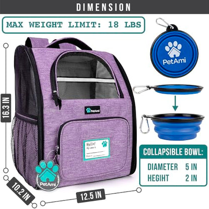 PetAmi Dog Backpack Carrier for Small Medium Dogs Large Cats up to 18 lbs, 2 Side Entry, Structured No-Collapse Frame, Airline Approved Ventilated Pet Backpack for Hiking Camping Travel, Purple - color: Heather Purple