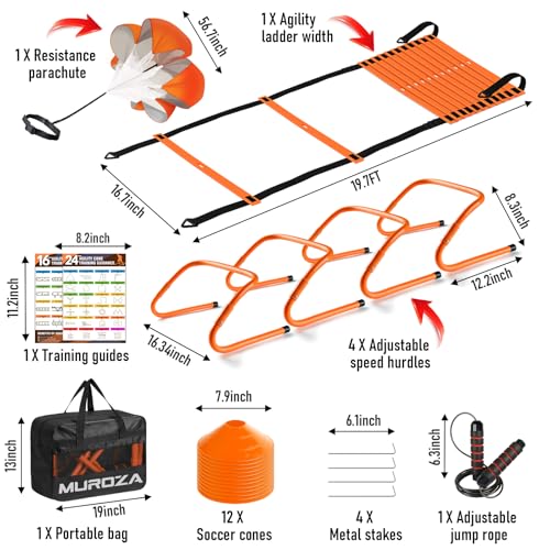 MUROZA Agility Ladder, Agility Speed Training Equipment Set, 20ft Speed Ladder, 12 Soccer Cones, 4 Hurdles, Jump Rope, Running Parachute, Soccer Football Basketball Training Equipment Accessories - color: Orange