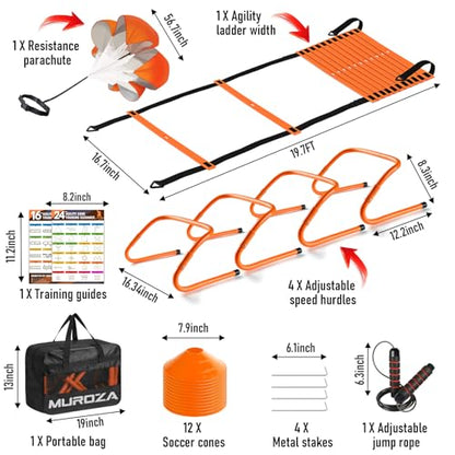 MUROZA Agility Ladder, Agility Speed Training Equipment Set, 20ft Speed Ladder, 12 Soccer Cones, 4 Hurdles, Jump Rope, Running Parachute, Soccer Football Basketball Training Equipment Accessories - color: Orange