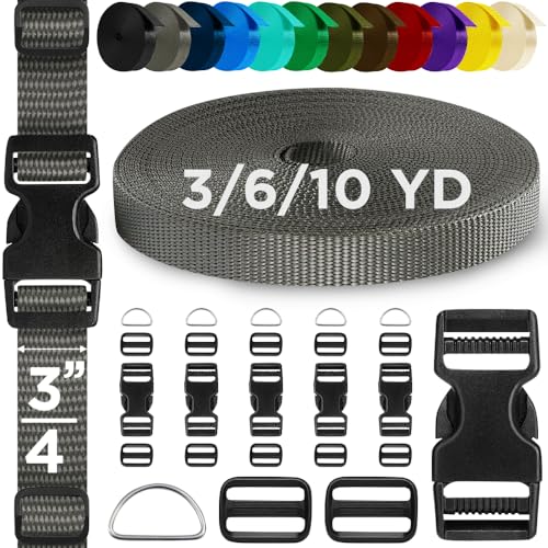 TECEUM Buckles & Strap Kit – 3/4" Charcoal Nylon Webbing 6 (yd) – 6 Heavy Duty Adjustable Plastic Buckles – 12 Tri-Glide Slide Clips – 6 Metal D-Ring – Ideal Straps for Arts Crafts Outdoors DIY - color: Charcoal, size: 3/4" - 6 yards, style: 6 Buckle - 12