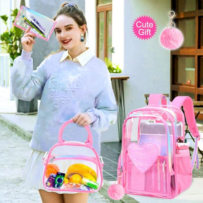 gxtvo 3PCS Clear Backpack Heavy-Duty Set for Women & Teen Girls, 17" Transparent Bookbag with Rainbow Strap, Rose Pink Sequins See Through School Bag - color: Rose Pink Sequins Clear Backpack Set