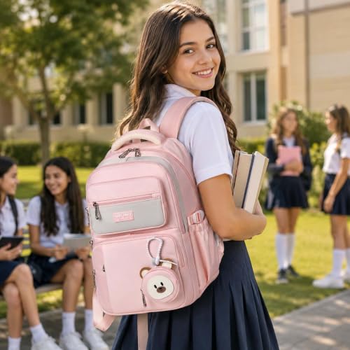 Leaper Preppy Backpack for Teens : 18.5 inch Bookbag Multi-pocket for School Daily -Water Resistant Anti Theft Middle Highschool Student - Aged 10-16 - Gifts for Girls and Kids(Pink) - color: Pink -9802