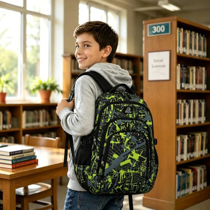 MYGOO Boys School Backpack Archibald Camo Green Bookbag for Elementary Middle School Ages 5-12, 17 inch Large Capacity 24L Kids Student Travel Bags - color: Archibald Camo Green