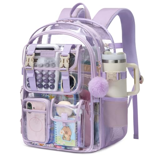 LOVEVOOK Clear School Backpack for Teen Girls,Student Backpack for 8-16 Teenage,Cute Kid Bookbag with Large Cup Holder,Back to School Backpack Fit 15.6 Inch Laptop,College Travel Bag for Daughter Gift - color: Purple-clear, size: 15.6 inch-clear