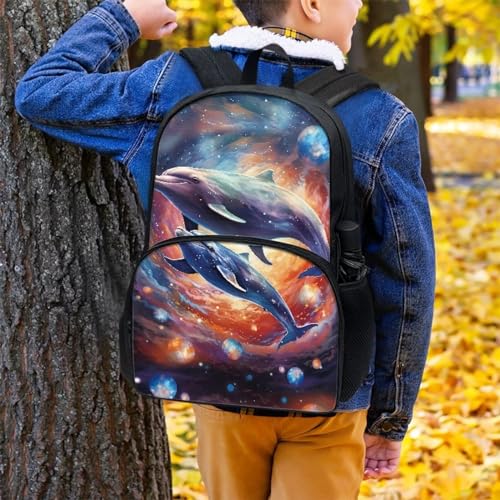 Talayituse Dolphin Galaxy Print School Bag Backpack for Kids Boys Travel Casual Daypack with Bottle Holder Pocket Large Capacity Bookbags Back to School Gifts Rucksack - color: Dolphin Galaxy
