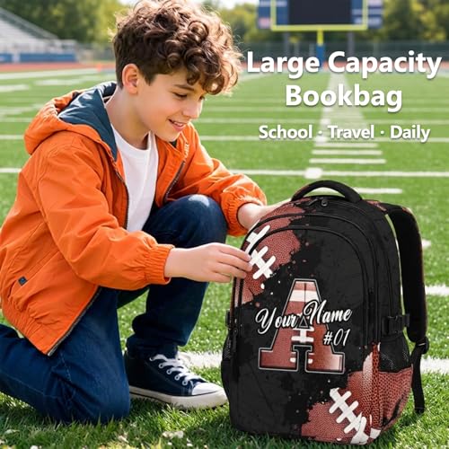 COZYAURA Boys Backpack Personalized Football School Bag for Kids - Custom Initial Sports Bookbag, 17 Inch Large Capacity Daypack for School, Travel, Football Lovers - color: Brown