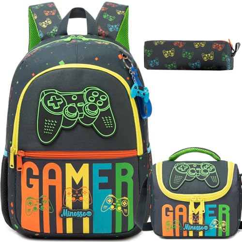 Boys Backpack for School Backpack for Kids Backpacks for Boys with Lunch Bag Set Bookbag for Kids 8-12 Back to School Supplies for Elementary Middle Toddler Student - color: Black Game