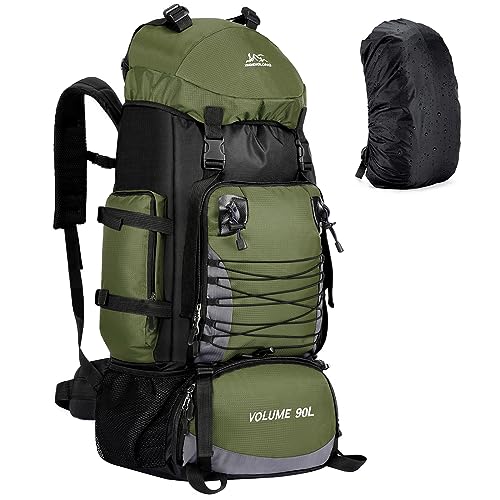 90L Hiking Backpack, Waterproof Camping Bag with Rain Cover, Lightweight Backpacking Back Pack - color: Army Green