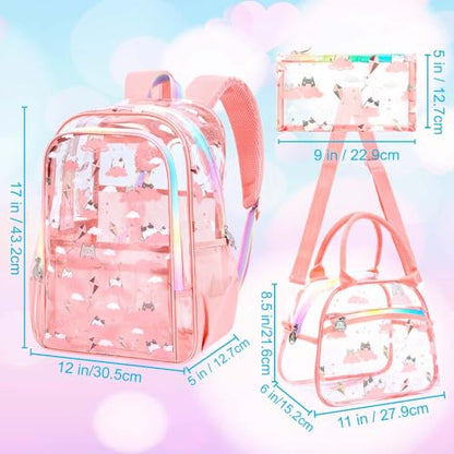 gxtvo 3PCS Girls Clear Backpack Heavy-Duty Set for Women & Teen, 17" Pink See Through Bookbag with Rainbow Strap, Cute Cloud Cat Transparent School Bag - color: Pink Cloud Cat Clear Backpack Set