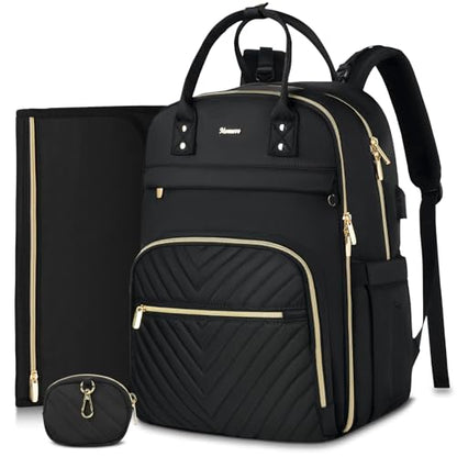 MOMUVO Diaper Bag Backpack, Quilted Baby Bag with Changing Pad and Stroller Straps, Dark Black - color: Dark Black