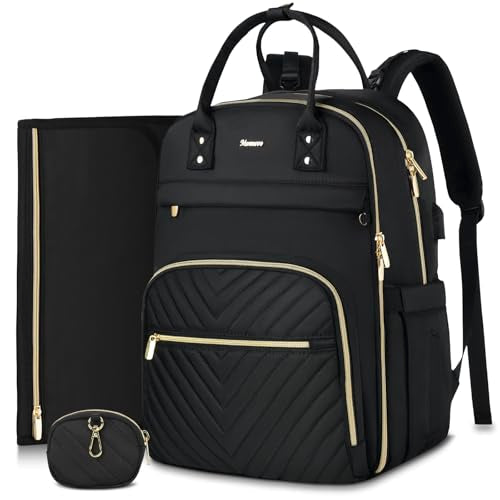 MOMUVO Diaper Bag Backpack, Quilted Baby Bag with Changing Pad and Stroller Straps, Dark Black - color: Dark Black