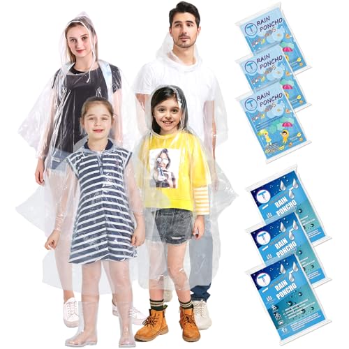 TUNCHMO Disposable Rain Ponchos 6 Pack for Adults/Kids/Family Set-50% Thicker Emergency Ponchos - color: Family 6 Pack