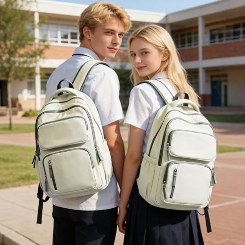 School Backpack for Women Men Lighweght Middle School Bookbag Casual Daypack Classic Collge High School Backpack Waterproof Travel Daypack - color: Beige&green