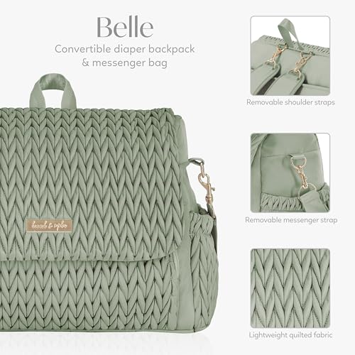 Hannah & Sophia Belle Convertible Baby Diaper Backpack & Bag in Sage Green, Large Size, Dual Sided Water Resistant Changing Mat Included, Detachable Shoulder Straps, Easy To Use - color: Sage Green