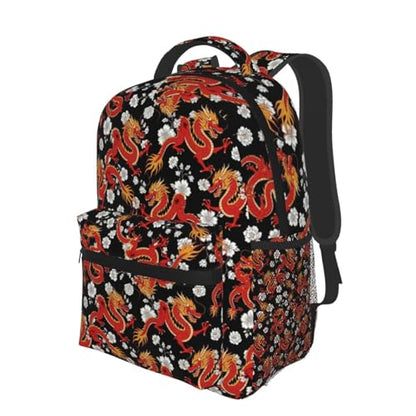 Water Resistant Casual Backpack Japanese Chinese Dragon Flower Black Floral, Hiking Daypack with Side Mesh Pockets for Men Women and Outdoor Activities - color: Pattern (233)
