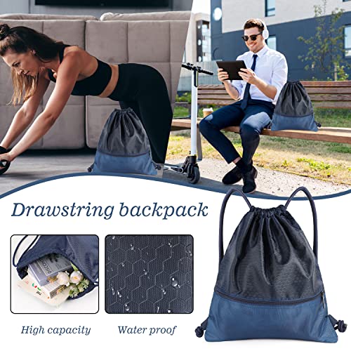 Drawstring Backpack Bag, Waterproof Draw String Back Sack with Zip Pocket, Gym Drawstring Bags Swim Bag for Men Women - color: Navy Blue, Upgraded