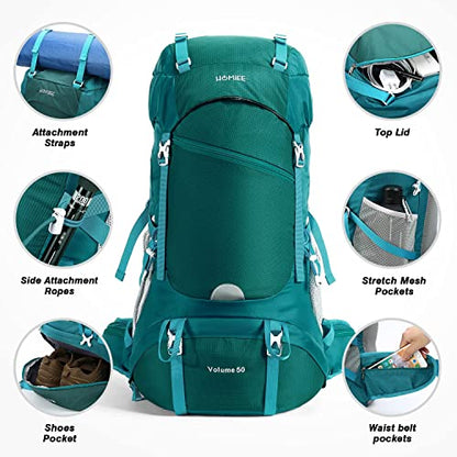 HOMIEE 50L Hiking Backpack Travel Bag Waterproof Camping Rucksack with Rain Cover Lightweight Backpacking Backpack - color: Green