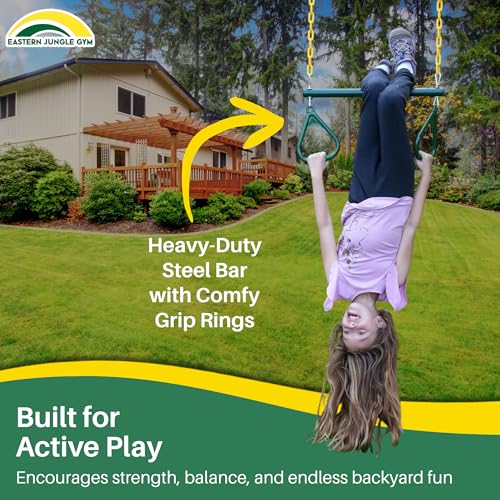 Eastern Jungle Gym Heavy-Duty Ring Trapeze Bar Combo, Large 20" Trapeze Swing Bar with Triangular Gymnastic Rings and Pinch-Free Coated Swing Chains 43" Long