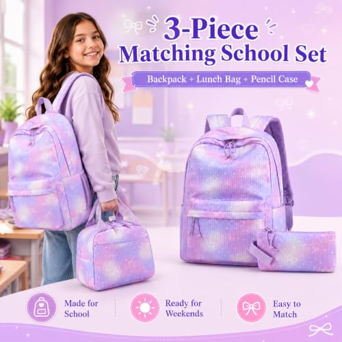 BTOOP School Backpacks for Teen Girls Bookbags Lightweight Kids Backpack School Bags Set with Lunch Box Pencil Case - color: Purple Bow