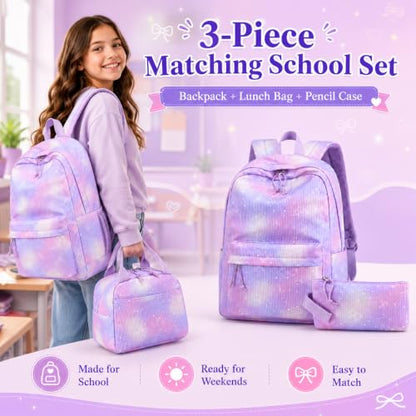 BTOOP School Backpacks for Teen Girls Bookbags Lightweight Kids Backpack School Bags Set with Lunch Box Pencil Case - color: Purple Bow